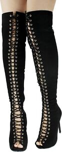 Lace Up Peep Toe Thigh High Over The Knee Gladiator Platform Stilletto High Heel