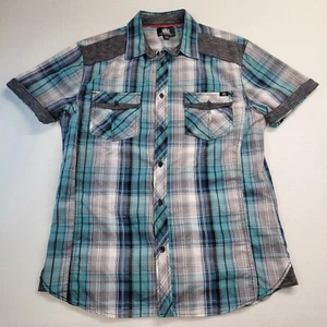 Rock Republic Shirt Mens Medium Green Blue Gray Plaid Short Sleeve Button Up - Picture 1 of 13