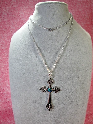 Gothic-Look Cross Pendant Dichroic Glass Bead w/ 28" Silver Plated Chain / S - Image 1 of 4