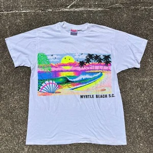 Vintage White and Neon Myrtle Beach T-shirt Size Large - Imagen 1 de 4