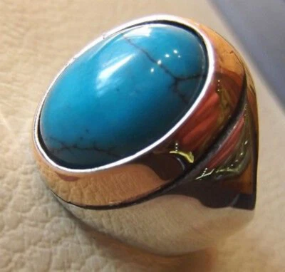 Solid 925 Sterling Silver Natural Blue Turquoise Gemstone Signet Men's Gift Ring - Image 1 of 4