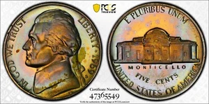 PR66 1969-S 5C Jefferson Proof Nickel, PCGS Trueview- Pretty Rainbow Toned - Picture 1 of 6