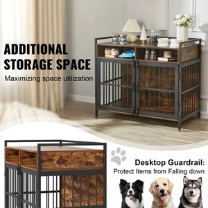 Rustic Wooden Dog Crate with Storage Double Door Large Medium Pet Cage 41 Inch - Picture 1 of 8