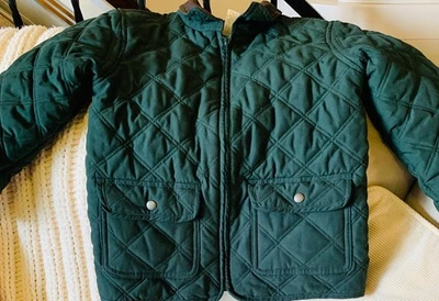 JANIE & JACK SZ. 6 OLIVE ARMY GREEN QUILTED BARN COAT BROWN LEATHER COLLAR&SLEEV - Image 1 of 4