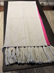 Talbots Vintage Gray Wool Blend Table Runner’s Fringe and Hot Pink Silk Side NWT - Picture 1 of 6