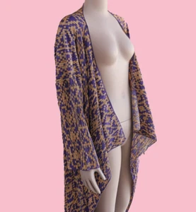 Purple & Gold Pleated Open Front Long Bikini Cover Up Size Large Pleated top Bea - Picture 1 of 6