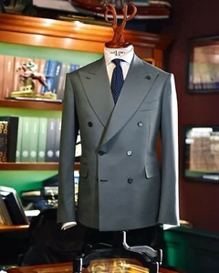 Traje gris de negocios de doble pecho para hombre solapa pico esmoquin trabajo formal graduación blazer - Imagen 1 de 9