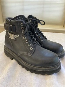 Harley Davidson Black Leather Ankle Biker Boots Women’s Heel Strap Size 9 - Picture 1 of 6