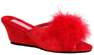 Womens Wedge Mules Slippers Dunlop Feather Pom Pom Faux Suede Dress Heel Red - Picture 1 of 2
