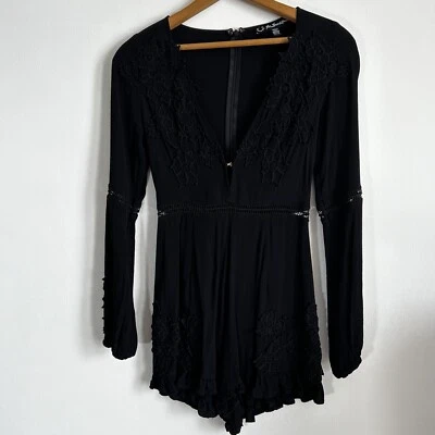 For Love & Lemons Womens Romper Size XS Black Lilou Long Sleeve Floral Applique - Image 1 of 4