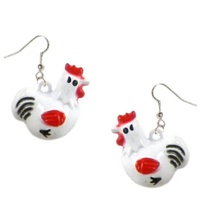 Retro BLANCO GALLO GALLINA JINGLE BELL Funky PENDIENTES Country Pollo Granja Joyería Foto 1 de 2