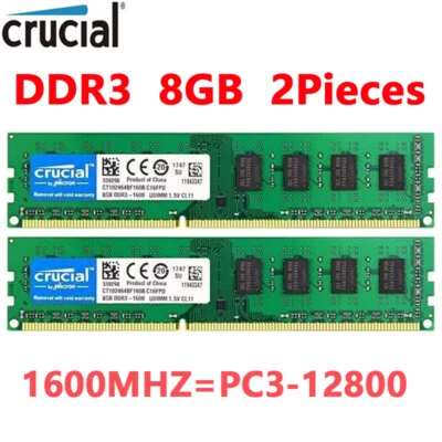 CRUCIAL DDR3 1600MHz 16GB (2x 8GB) PC3-12800 Desktop 240pin DIMM Memory RAM 1.5V - Image 1 of 4