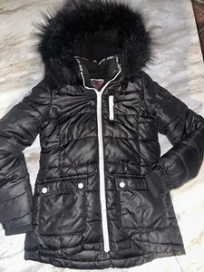 Justice Youth Girls Black Puffer Style Faux Fur Trim Hood Winter Coat Size 8 - Picture 1 of 7