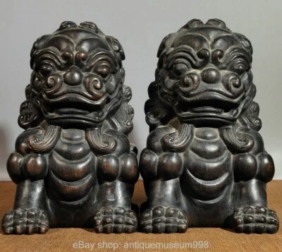 9" ancienne dynastie chinoise ébène Sculpture Foo chien Lion Sculpture paire - Photo 1/4