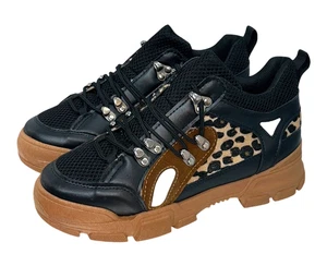 Ladies Chunky Boots Women's UK Size 6 Black Multi Patch Fabric Lace Up Padded - Picture 1 of 8