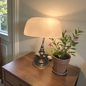 Vintage Brass  Bankers Anti Glare Desk Lamp  Glass Shade Hi/low Toggle Switch - Picture 1 of 13