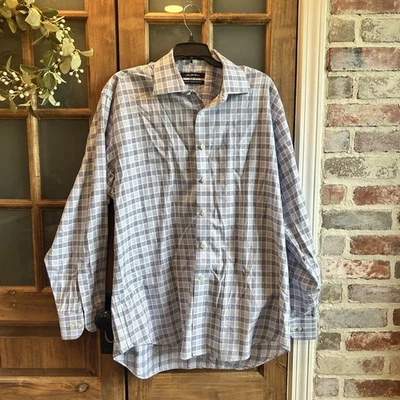Saks Fifth Ave Mens Shirt 16 1/2  34/35 100% Cotton Classic Fit Blue White plaid - Image 1 of 4