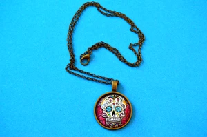 SKELETON SKULL DIA de los MUERTOS CABOCHON PENDANT - NECKLACE Jewelry  USA Sugar - Picture 1 of 4