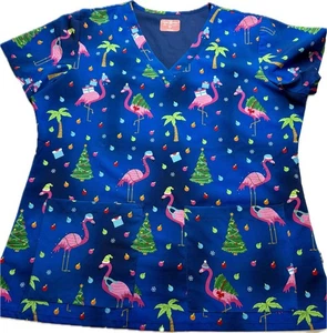 Ava Therese Scrub Top Christmas Flamingo Lights Ornaments Palm Trees Women’s L - Picture 1 of 10