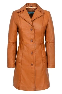 Ladies Leather Coat Tan Real Lambskin Leather Coat Slim Fit Trench Coat 3457 - Picture 1 of 8