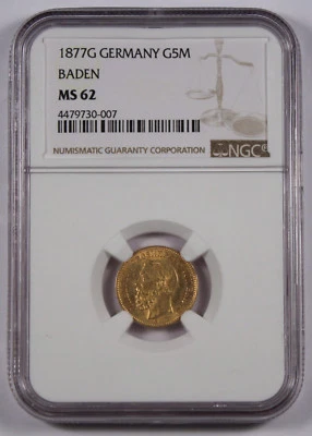 Moneda de oro Alemania Baden 1877 G 5 marcos NGC MS62 elección UNC/BU Friedrich I KM#266 Foto 1 de 4