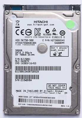 Hitachi 500GB SATA 2.5" Laptop HDD Model HTS547550A9E384 P/N 0J15081 - Image 1 of 2