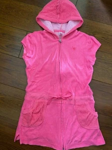 girls JUSTICE NEON PINK SWIMSUIT COVER-UP hood TERRY CLOTH beach towel SIZE 8 - Picture 1 of 2