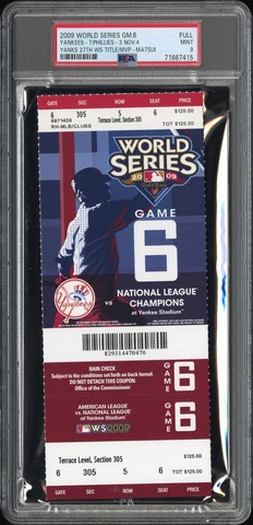 PSA 9 - CLINCHER 2009 MLB WORLD SERIES FULL TICKET YANKEES @ PHILLIES GAME #6 Cover