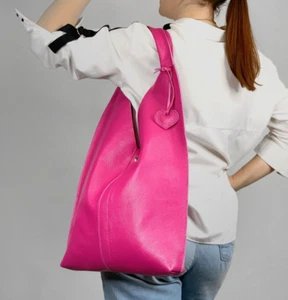 Women Leather Fuchsia Pink Handbag Shoulder Hobo Bag Magenta Tote Shopper - Picture 1 of 22