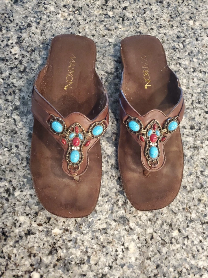 TANGA Markon SANDALIA-cuero Adornado TURQUESA Cuentas Talla 6M Foto 1 de 4