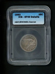 1853 US Seated Liberty Quarter 25c .25 ICG EF 40 Details A&R BR#3989 Cleaned - Picture 1 of 4