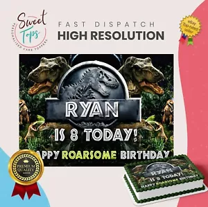 DINOSAURS PERSONALISED RECTANGLE EDIBLE BIRTHDAY CAKE TOPPER DECORATION - Picture 1 of 5