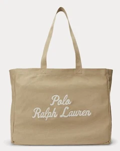 NWT Polo Ralph Lauren Tan Beige Cotton Chain Stitch Embroidered Canvas Tote Bag - Picture 1 of 5