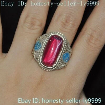 Tibetan silver inlay purple Gem Fu Shou pattern Jewelry Ornaments Ring Statue - Image 1 of 4