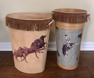 Pair WASTE Metal BASKET & UMBRELLA STAND HORSES 60s HOME DECOR MCM Western. - Picture 1 of 6