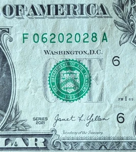 2021 1 $ Schein ausgefallene Serie, Geburtstag Datum Note 20. Juni 2028. F 06202028 A - Bild 1 von 3