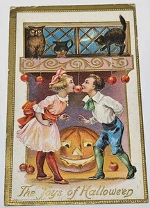 1911 Antique Joys Of Halloween Postcard Black Cat Owl Apples - Picture 1 of 6