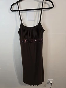 Vintage 90er/Y2K braun Empire Taille Schlupf Midikleid L Pailletten Rüschen Spaghetti  - Bild 1 von 5