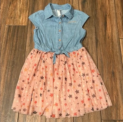 Guess Kids Denim Top with Pink Netting Star Skirting Girls Dress Size 12 - Image 1 of 4