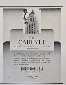 Anuncio impreso vintage 1940 The Carlyle Hotel Madison Ave NY Regency Rooms & Bar - Imagen 1 de 4