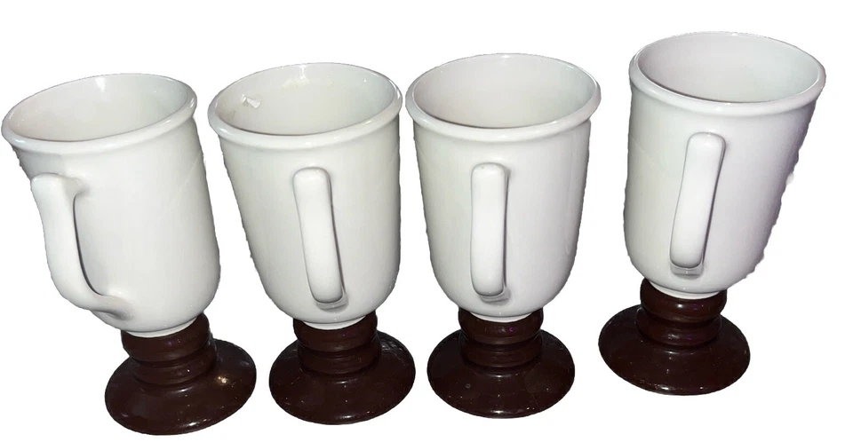 USA HALL Pottery Blanco Espresso Marrón Pedestal Taza Café 12oz 6" Juego De 4 Foto 1 de 4