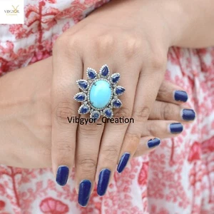 Turquoise Gemstone Ring Pave Diamond Sapphire Jewelry 925 Solid Silver Gifts - Picture 1 of 4