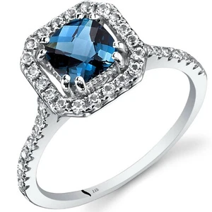 Anillo de halo de corte cojín topacio azul de oro blanco de 14 K de 1,00 quilates tallas 5 a 9 - Imagen 1 de 2