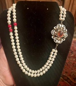 Antique Hungarian Deco Double Strand Pearl Enamel Pendant Necklace 17th C Style - Picture 1 of 19