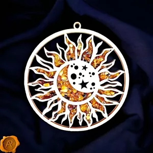 Christmas Decorations Baltic Amber Wood Sun Moon Ornament Gemstone Gift Mandala - Picture 1 of 3