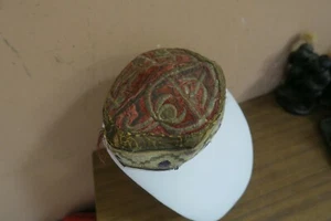 Antique Fine Hand Embroidered Central Asian Mongolian Skull Cap Metallic Thread - Picture 1 of 10