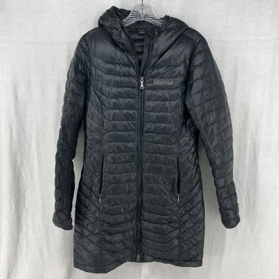 Marmot Long Hooded Sonya Jacket Insulated Down Fill Black Sz S/P See Pics - Image 1 of 4