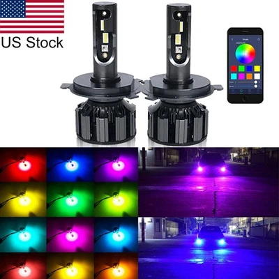 2pcs H4 9003 RGB LED Multicolor Headlight Bulbs High Low Beam Phone Control - Image 1 of 4
