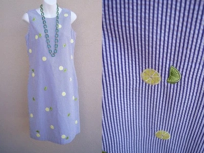 Talbots Seersucker Lemon Lime Dress size 4 S SUMMER blue white stripe sleeveless - Image 1 of 4