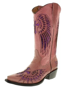 Womens Rodeo Boots Snip Toe Pink Fuchsia Cross Wings Bota Mujer Vaquera Size 5.5 - Picture 1 of 5